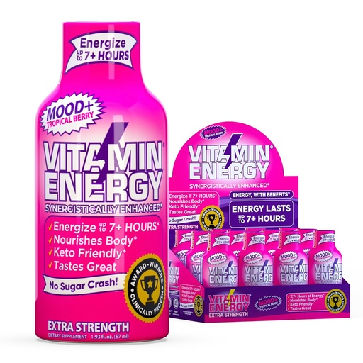 [BRSRAGLQCQHBAALA] Vitamin Energy Mood + Extra Strength Energy Shot Tropical Berry 12 Pack, 260mg cafeína natural, B-Vitamins, Rhodiola, Chamomile, Mood & Energy Support, Zero Sugar, Gluten-Free, Vegan, 1.93 fl oz
