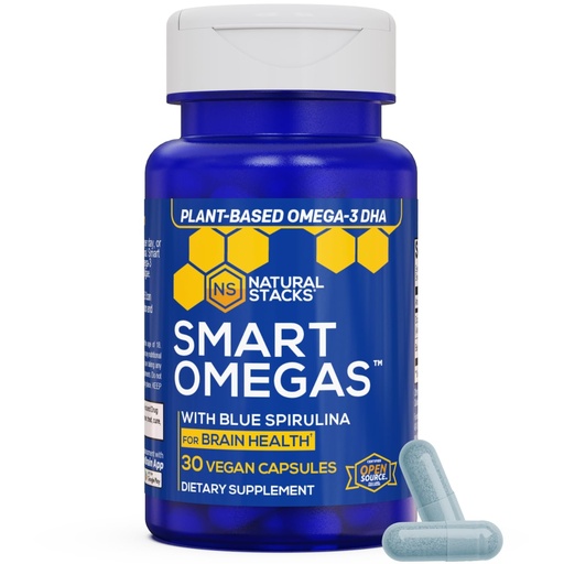 [BRSRGZQRCV5WG3LH] NATURAL STACKS Smart Omegas - Omega 3 Supplement w/ 200mg DHA & 200mg Blue Spirulina - Plant Based Algae Oil Omega 3 Supplement - Fish Oil Free Antioxidant Support - 30 Blue Spirulina Capsules