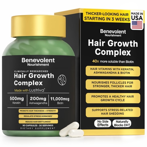 [BRSRGGA3OYBAAFLU] Benevolent Lustriva Hair Growth Supplement – Advanced Hair Vitamins with Keratin & Biotin for Thicker-Looking, Stronger Strands, Support for Stress-Related Thinning in Women & Men, USA-Made, 90 ct