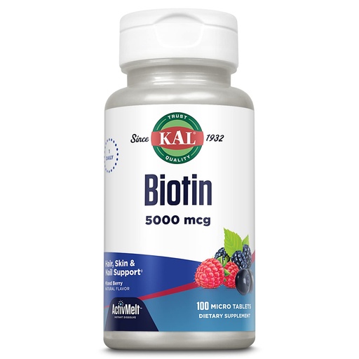 [BRSWIFQOBYPQO33U] Kal 5000 Mcg Biotin Tablets, Mixed Berry, 100 Count