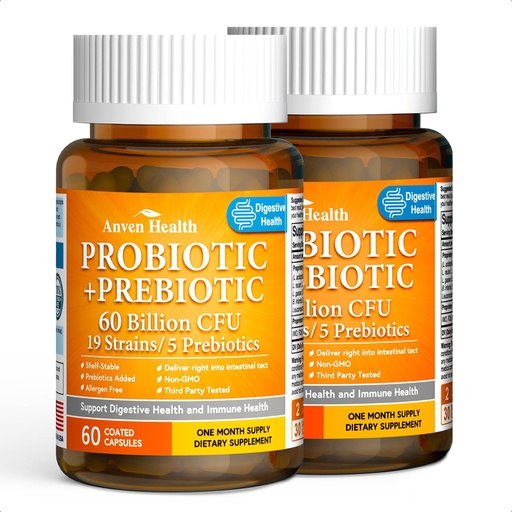 [BRSRMH3QC4PRQC3P] 60 Billion Probiotics for Women and Men 19 Strains 5 Organic Prebiotics for Gut Digestive & Immune Health, Supports Diarrhea Gas Bloating, Vegan Probiotic Supplement Formula丨120 Caps