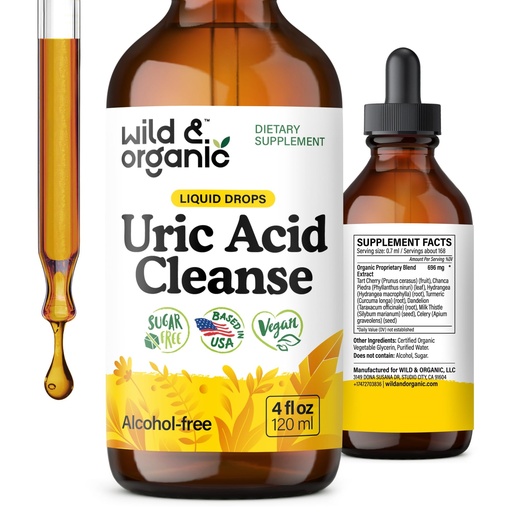 [BRSROY32BEOWKD3G] Wild & Organic Uric Acid Cleanse Liquid Drops - Tart Cherry, Turmeric, Celery, Chanca Piedra, Dandelion Root Extract Complex - Uric Acid Supplement - Vegan, Sugar & Alcohol-Free Tincture - 4 fl oz