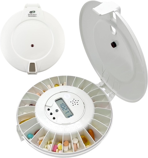 [BRSWIYT3OMFR6YD6] e-Pill MedTime Locked Automatic Pill Dispenser – Secure, Easy-to-Use Medication Organizer with 24 Daily Alarms – Ideal for Seniors, Dementia, and Alzheimer’s Care – White Lid