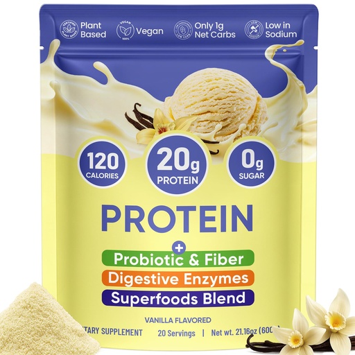 [BRSRGAABPIPAIHL3] Venture Pal Vegan Vanilla Protein Powder, 20g Plant Based Protein with Superfood, 9 Billion CFU Probiotics & Enzymes, Easy to Digest - Pea Protein | Keto | Gluten & Dairy Free | Non-GMO | 20 Servings