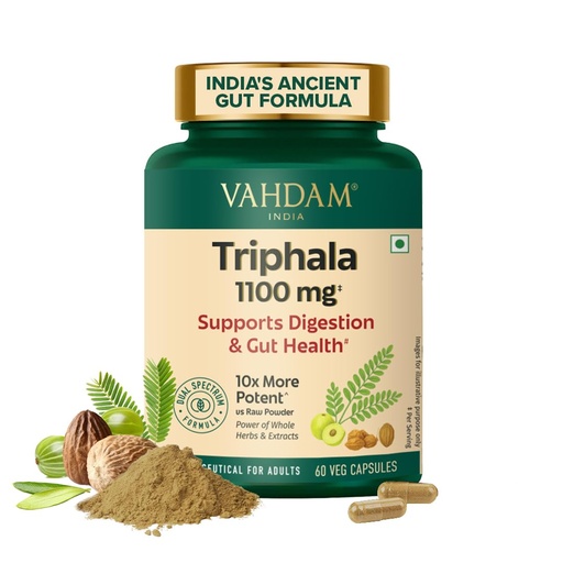 [BRSREHQYB4CAE2DF] VAHDAM Triphala Capsules 1100mg | Natural Supplement with Amla, Haritaki & Bibhitaki | Supports Gut Health, Digestion & Colon Cleanse | 60 Veg Caps