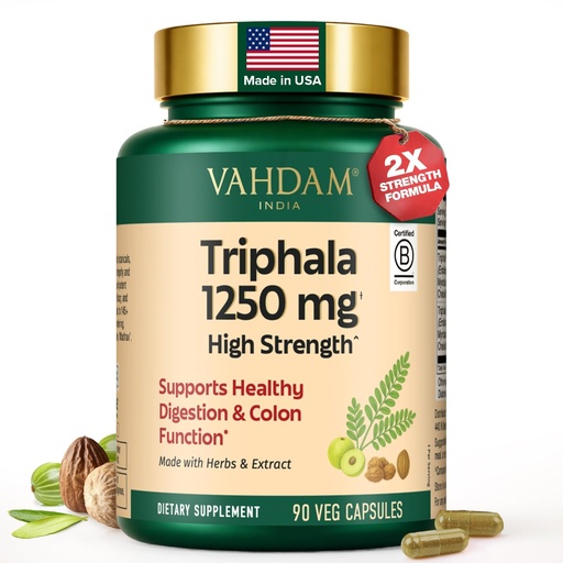 [BRSREHQYB4CAE2DF] VAHDAM Triphala Capsules 1250 mg - High Strength Supplement with Amla, Bibhitaki, Haritaki Extract | Supports Healthy Digestion & Colon Function | 90 Capsules