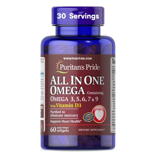 [BRSWIEYTOMHB63YV] Puritan's Pride All In One With Omega 3, 5, 6, 7, 9 And Vitamin D3 Alaskan Salmon Oil, Dietary Supplement for Cardiovascular, Heart, and Circulation Support, 1 Month Supply, 60 Rapid Release Softgels