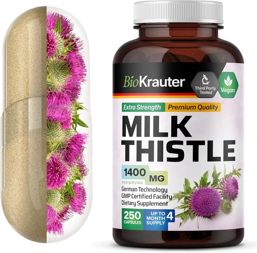 [BRSWGHDQOYJRED3X] BIO KRAUTER Melk Thistle Capsules 1400 mg - 250 Count - Liver Detox & Cleanse Supplement - Vegan Silymarin Capsules - Melke Thistle pulver - Ikke GMO