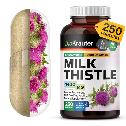 [BRSWGHDQOYJRED3X] BIO KRAUTER® Milk Thistle Supplement for Liver Cleanse & Detox - Pure Vegan Milk Thistle Extract 1400 mg per Serving Сontains Silymarin - 250 Capsules, 125 Days of Supply, Non-GMO