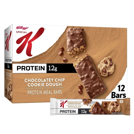 [BRSW2YYEDNYBAE3H] Special K Bar Protein Meal Bars, 12g Protein Snacks, Meal Replacement, Chocolatey Chip Cookie Dough, 19oz Box (12 Count)