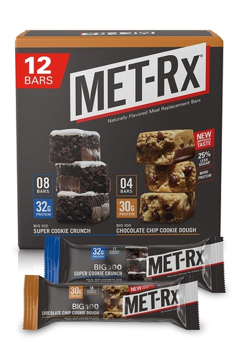[BRSWGZDRCABWCE3U] MET-Rx Big 100 Protein Bars, Meal Replacement Bars, Variety Pack - Super Cookie Crunch and Chocolate Chip Cookie Dough Bars, 12 Count, 3.52 Oz.