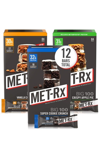[BRSWGCQNOYGRY3D6] MET-Rx Big 100 Colossal Protein Bars Variety Pack, Super Cookie Crunch, Vanilla Caramel Churro, and Crispy Apple Pie Flavors, Brown, 12 Count