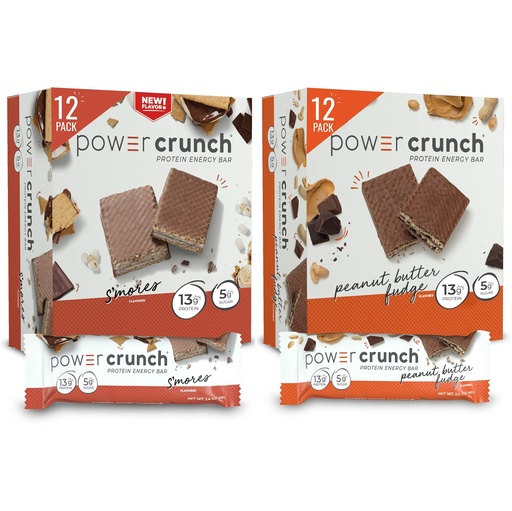 [BRSW2GIDCAJWOCDJ] Power Crunch Protein Bars, High Protein Snacks with Delicious Taste, Variety Pack, S'mores & Peanut Butter Fudge, 1.4 Ounce (24 Count)