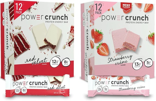 [BRSW2GT2O4BRGDY6] Power Crunch Whey Protein Bars, High Protein Snacks with Delicious Taste, Strawberry Crème & Red Velvet, 1.4 Ounce (24 Count)