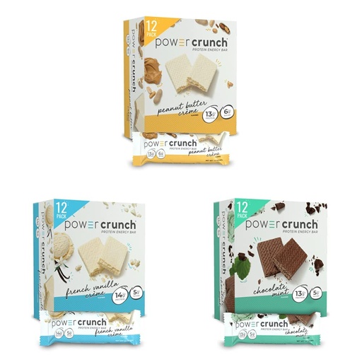 [BRSROYAQAACBUCT3] Power Crunch Protein Wafer Bars, Peanut Butter Crème, 1.4 Ounce & Protein Wafer Bars, French Vanilla Creme, 1.4 Ounce & Protein Wafer Bars, Chocolate Mint, 1.4 Ounce