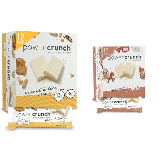 [BRSRAZYROUNRQEY6] Power Crunch Protein Wafer Bars High Protein Snacks Delicious Taste Peanut Butter Crème 1.4 Ounce (12 Count) & Cinnamon Roll 1.4 Ounce (12 Count)