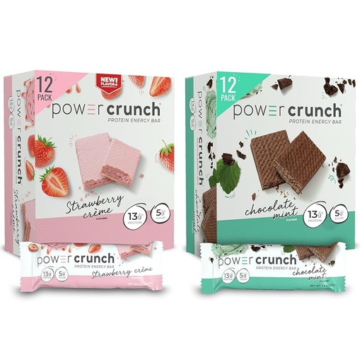 [BRSRAZTYOENGOYAY] Power Crunch Protein Wafer Bars, High Protein Snacks, Strawberry Crème & Chocolate Mint, 1.4 Ounce (12 Count) Bundle