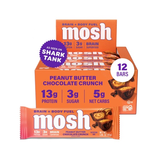 [BRSRMFD3BFYAOGY6] MOSH Peanut Butter Chocolate Keto Protein Bars, High Fiber, Low Carb, Gluten Free, High Protein, Brain Healthy Snack, 12 Count