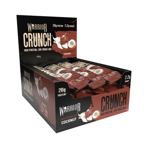 [BRSWGZD4AEHGAALH] Warrior HIGH Protein Bars (20g Protein Each) - Low Carb, Low Sugar - Pack of 12 Caramel Crispy Crunch Bars - Milk Chocolate & Coconut