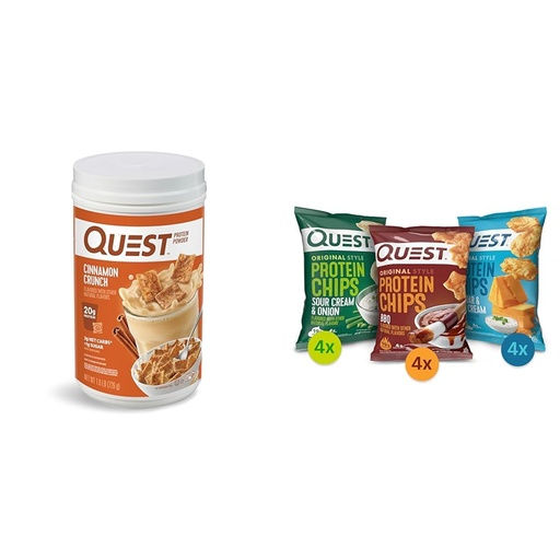 [BRSRAYYYBAMAMYLK] Quest Cinnamon Crunch Protein Powder 24 Servings, Protein Chips Variety Pack (BBQ, Cheddar & Sour Cream, Sour Cream & Onion) 12 Count