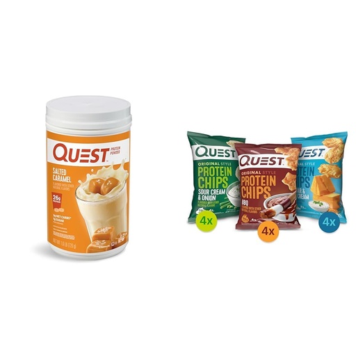 [BRSRAYYYDIHWAADB] Quest Salted Caramel Protein Powder 26g Protein; Quest Protein Chips Variety Pack (BBQ, Cheddar & Sour Cream, Sour Cream & Onion) High Protein