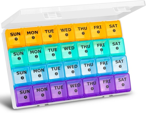 [BRSWYEL5CAPAGAL6] XL Large Monthly Pill Organizer 4 Weeks, 28 Day Pill Organizer Weekly, Big Compartment with Travel Case, 7 Day Pill Dispenser 4 Times a Day, Medicine Organizer Box for Vitamin, Fish Oil