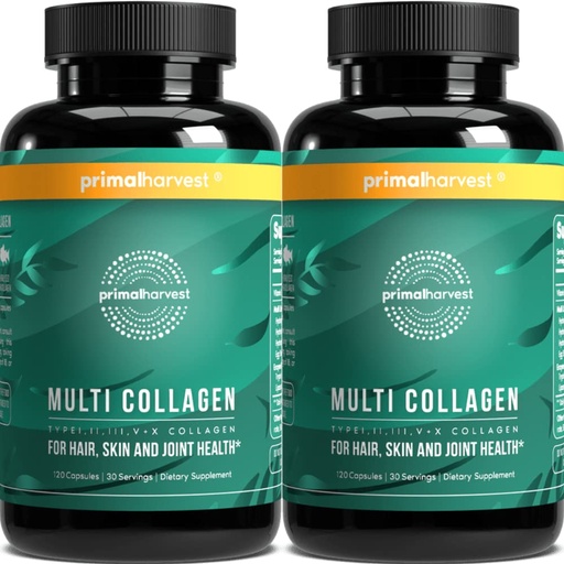 [BRSRMGIBORYR63LD] Primal Harvest 2 Pack, Multi Collagen Pills for Women and Men (Type I, II, III, V, X) Collagen Supplements for Women and Men, 120 Capsules w/Vitamin C for Hair, Skin, Nails Collagen Peptides Pills