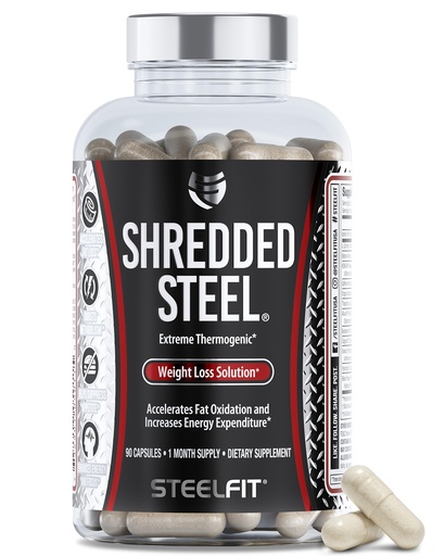 [BRSWGHDQOYNGY23A] SteelFit Shredded Steel - Extreme Weight Loss Supplement - Thermogenic - Fat Loss - Energy - Boost Metabolism - Appetite Suppressant - Yohimbine - Teacrine - Paradoxine - 90 Count, 1 Month Supply