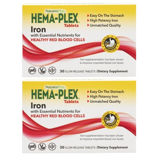 [BRSWYBLRBF7AO3LF] NaturesPlus Hema-Plex Iron - 30 Slow-Release Tablets, Pack of 2 - Total Blood Health - 85 mg Chelated Iron - with Vitamin C & Bioflavonoids - Non GMO, Vegetarian & Gluten Free - 60 Total Servings