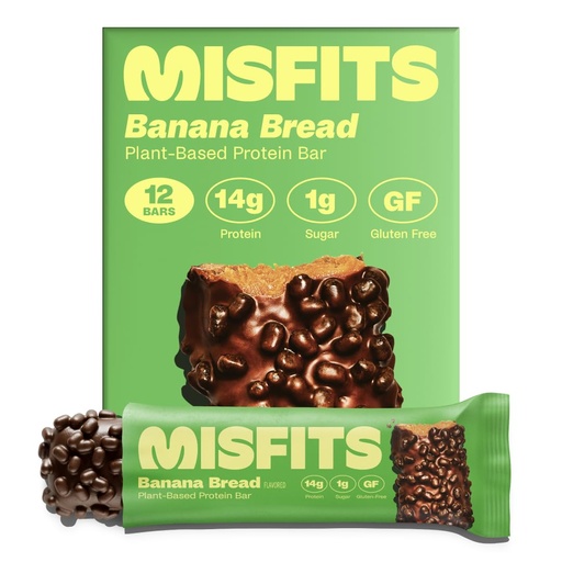 [BRSRGFQ3CF6RUHIV] Misfits Vegan Protein Bars - Banana Bread | Nutrition Bars - 14g Protein, 1g Sugar, Plant-based, Low Carb, Non-GMO, Gluten Free Snacks | Pack of 12