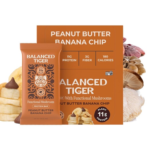 [BRSREEL6BYHGYCTH] Balanced Tiger Vegan Protein Bars | Plant Based Protein Bars w/Functional Mushrooms - Lions Mane, Shitake, Reishi & Maitake | Peanut Butter Banana Chip Flavor, 12 Pack
