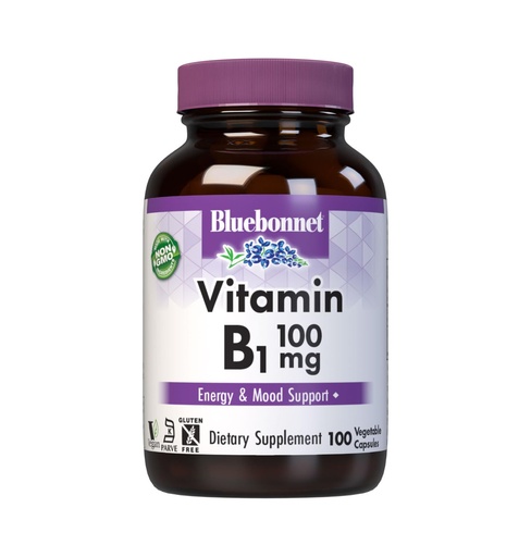 [BRSWIZY4BR7ACCQ3] Bluebonnet Vitamin B1 100 mg - Mood Support & Energy Vitamins for Women & Men* - Thiamin HCl - Non-GMO, Vegan, Kosher, Gluten-Free - Soy & Dairy-Free - 100 Vegetable Capsules, 100 Day Supply