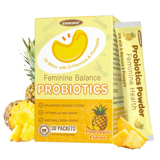 [BRSREAYDOUMRSD3F] ZEBORA Probiotics for Women, Vaginal Probiotic Powder with 50 Billion CFU 16 Strain, Prebiotics, D-Mannose & Cranberry for Urinary Health, Digestive & Immune Support, Pineapple Flavor, 30 Packets