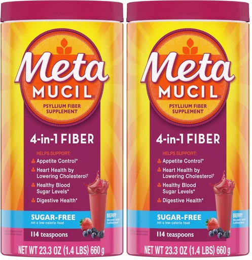 [BRSRGGQNAUNROCLH] Metamucil,4-in-1 Fiber Supplement,Psyllium Husk Powder,Sugar-Free Powder,Berry Flavored Drink,114 Servings,(Pack of 2)