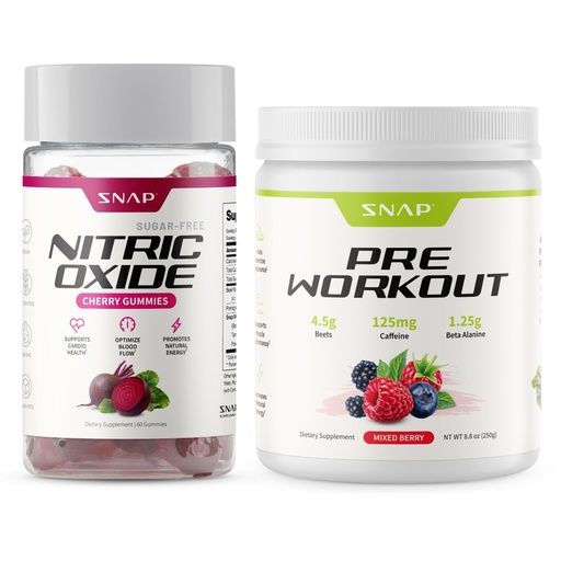 [BRSRECYCPMNGKC3L] Snap Supplements Nitric Oxide Beet Root Gummies + Pre Workout Beet Root Powder Bundle, 60 Cherry Gummies + 30 Servings Mixed Berry Powder