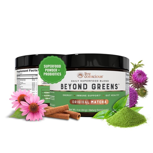 [BRSWYBADBEBQKG3F] Live Conscious Beyond Greens Superfood Powder - Delicious Debloating Super Greens Powder - Matcha Greens Blend w/Chlorella, Echinacea, Probiotics for Immune Support & Energy