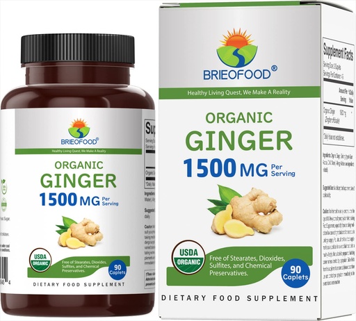 [BRSRMZDQBYMWK2TV] Brieofood Organic Ginger 1500mg, 45 Servings, Vegetarian, Gluten Free, 90 Vegetarian Tablets