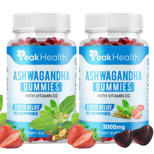 [BRSREYDRC4PRGC32] Ashwagandha Gummies with Vitamin D2 - Vegan Stress Relief & Relaxation Support, Mixed Berry Flavor, Plant Based Adaptogen Supplement for Calm & Balance, 300mg Ashwagandha Root,120 Gelatin Free Gummies