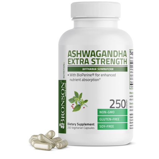 [BRSW2BQFPNYB6AAZ] Bronson Ashwagandha Extra Strength Stress & Mood Support with BioPerine - Non GMO Formula, 250 Vegetarian Capsules