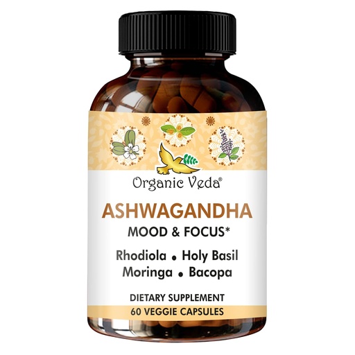 [BRSROCQZPIJWGC3G] Organic Veda Ashwagandha Mood Support Supplement 1200mg, with Organic Ashwagandha Root, Bacopa, Rhodiola Rosea, Holy Basil, Moringa, Focus & Energy Support - 60 Vegan Capsules