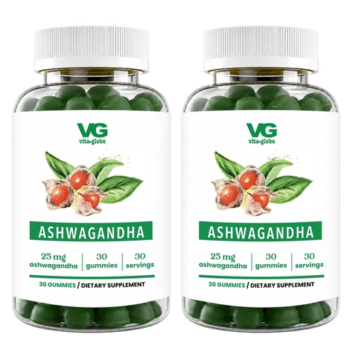 [BRSRA23RPMBBEDQ6] VITA GLOBE Ashwagandha Gummies 25mg with Vitamin D2 100mcg and Zinc 2mg, Ashwagandha for Men and Women, Supplement for Everyday Wellness, Mood Balance and Immune Nutrition, 30 Count, 2 Pack