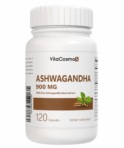 [BRSREHYZBAHQIF3K] Ashwagandha Root Extract 900 mg with Black Pepper Extract 10mg Per Serving 120 Vegetarian Capsules, Non-GMO & Gluten Free