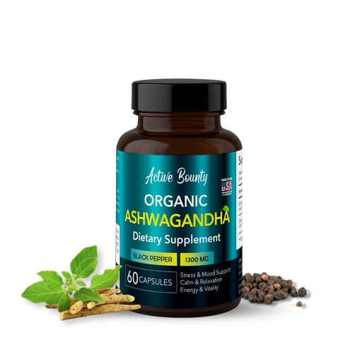 [BRSRE2YEAUNAKADB] Organic Ashwagandha 1300mg with Black Pepper for Enhanced Absorption | Stress & Mood Support, Calm & Relaxation, Energy & Vitality | Vegan, Non-GMO | 60 Capsules | Made in USA