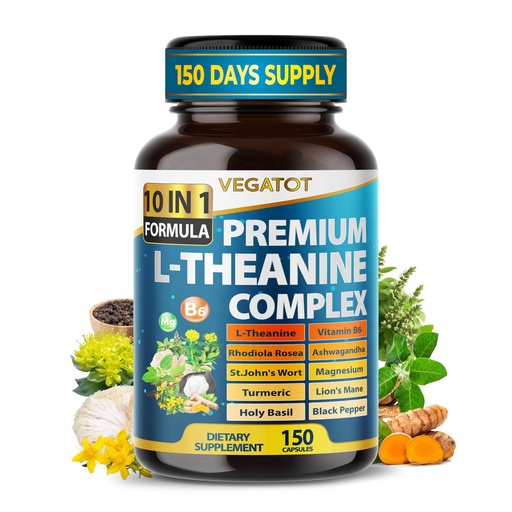 [BRSRGYD4C57RGFAV] VEGATOT Ultra Organic L-Theanine Complex 10-in-1 Formula with Vitamin B6, Magnesium, Rhodiola, Ashwagandha, Turmeric & Holy Basil – Supports Calm Mood, Relaxation & Focus – 150 Capsules