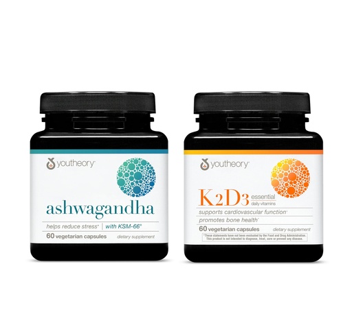 [BRSREAT2CAAQG2Q2] Youtheory Ashwagandha 1,000mg (60 Veg Caps) K2D3 (60 Veg Caps) – Stress & Cortisol Support, Bone & Heart Health* – Gluten, Dairy & Soy Free Supplements for Men & Women