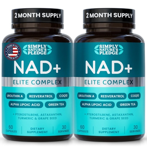 [BRSREHAHBAHBODIZ] NAD+ Elite Complex – Direct NAD+ 300 mg with Urolithin A, Resveratrol, CoQ10 & Antioxidant Blend – Cellular Energy, Mitochondrial Support & Healthy Aging – Vegan, Non-GMO- 60 Capsules (Pack of 2)