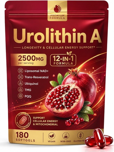 [BRSRYYL6OABQGYD4] Urolithin A Supplement, 12-in-1 Formula for Cellular Energy & Mitochondrial Support with Liposomal NAD+, Trans-Resveratrol, Ubiquinol, TMG, PQQ, 180 Softgels