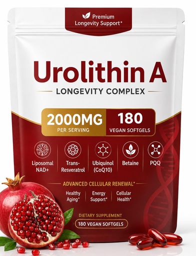 [BRSRYYL7B4NGKELH] Urolithin A Supplement with Liposomal NAD+, Trans-Resveratrol, 6-in-1 Formula - Supports Muscle Strength & Endurance, Promotes Cellular Health & Renewal, 180 Softgels