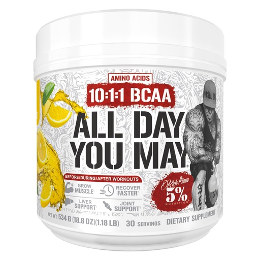 [BRSRGY37BAPAKGQ6] 5% Nutrition Rich Piana AllDayYouMay BCAA Powder | Premium Intra & Post Workout Amino Acids, EAA, Electrolytes | Hydration, Endurance, Recovery | Vegan & Keto | 18.8 oz, 30 Srvgs (Italian Lemon Ice)
