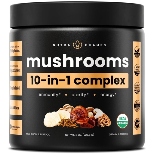 [BRSROBAHPIFBA3IV] NutraChamps Organic Mushroom Powder - 10-in-1 Complex - Mushroom Supplement Powder Blend for Memory, Focus & Immune Support - 8oz (8.0 OZ, Mushroom Blend)